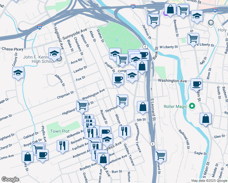 map of restaurants, bars, coffee shops, grocery stores, and more near 475 Washington Avenue in Waterbury