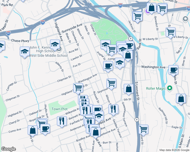 map of restaurants, bars, coffee shops, grocery stores, and more near 535 Washington Avenue in Waterbury