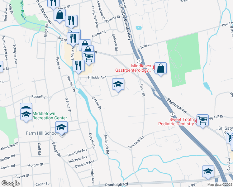 map of restaurants, bars, coffee shops, grocery stores, and more near 74 Maynard Street in Middletown