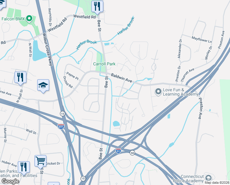 map of restaurants, bars, coffee shops, grocery stores, and more near 59 Winding Brook Lane in Meriden