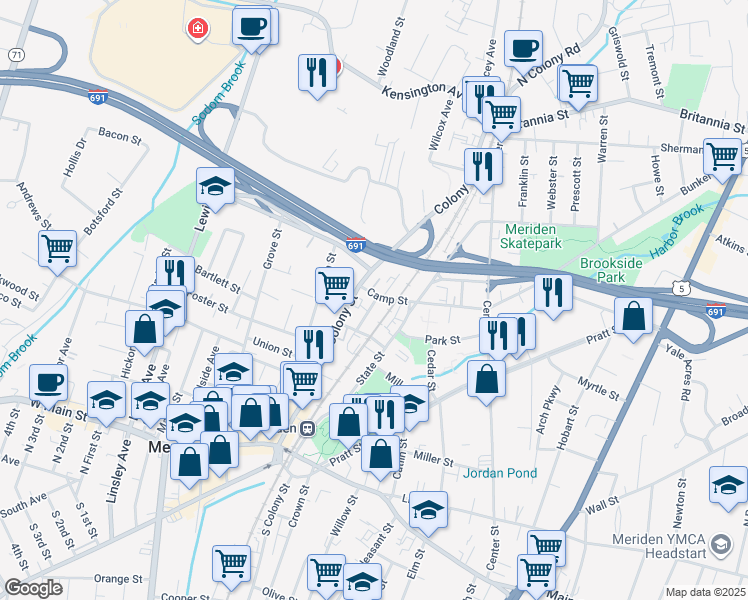 map of restaurants, bars, coffee shops, grocery stores, and more near 31 Camp Street in Meriden