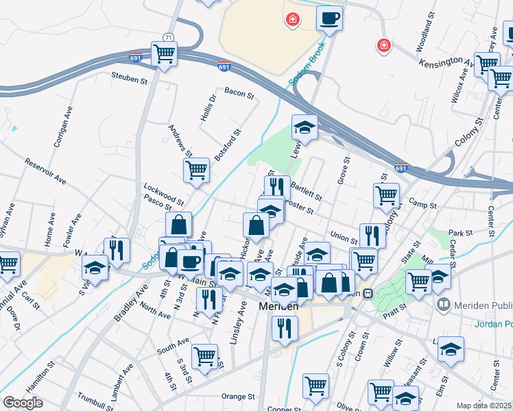 map of restaurants, bars, coffee shops, grocery stores, and more near 126 Springdale Avenue in Meriden