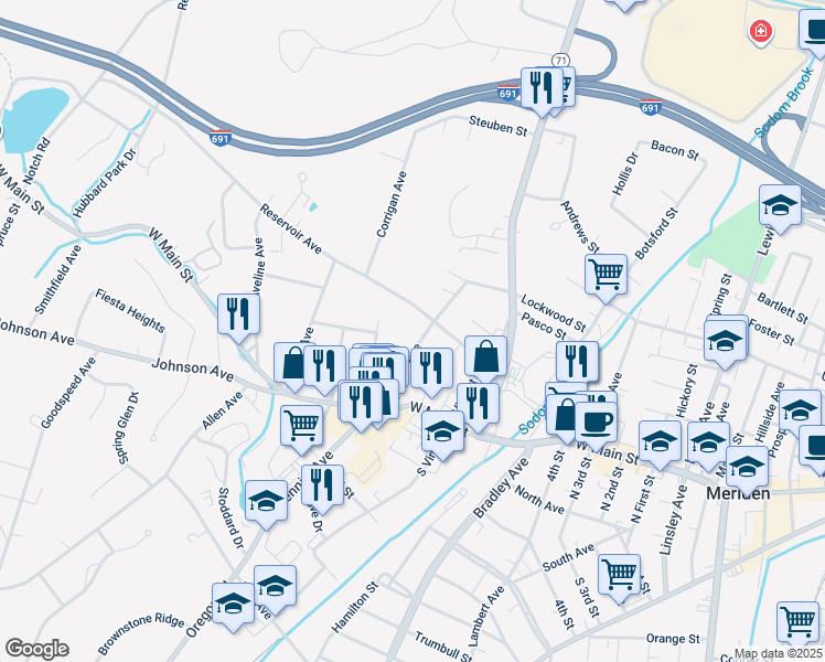map of restaurants, bars, coffee shops, grocery stores, and more near 79 Fowler Avenue in Meriden