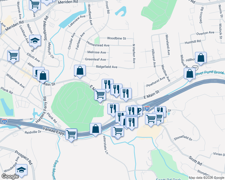 map of restaurants, bars, coffee shops, grocery stores, and more near 111 Blanchard Street in Waterbury