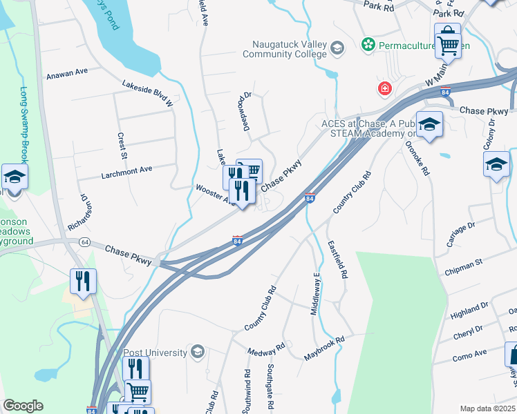map of restaurants, bars, coffee shops, grocery stores, and more near 993 Chase Parkway in Waterbury