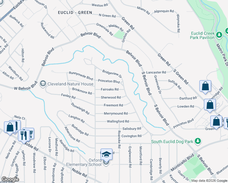 map of restaurants, bars, coffee shops, grocery stores, and more near 3823 Sherwood Road in South Euclid