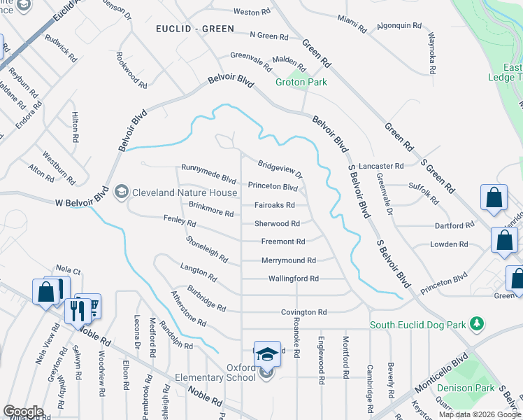 map of restaurants, bars, coffee shops, grocery stores, and more near 3779 Sherwood Road in South Euclid