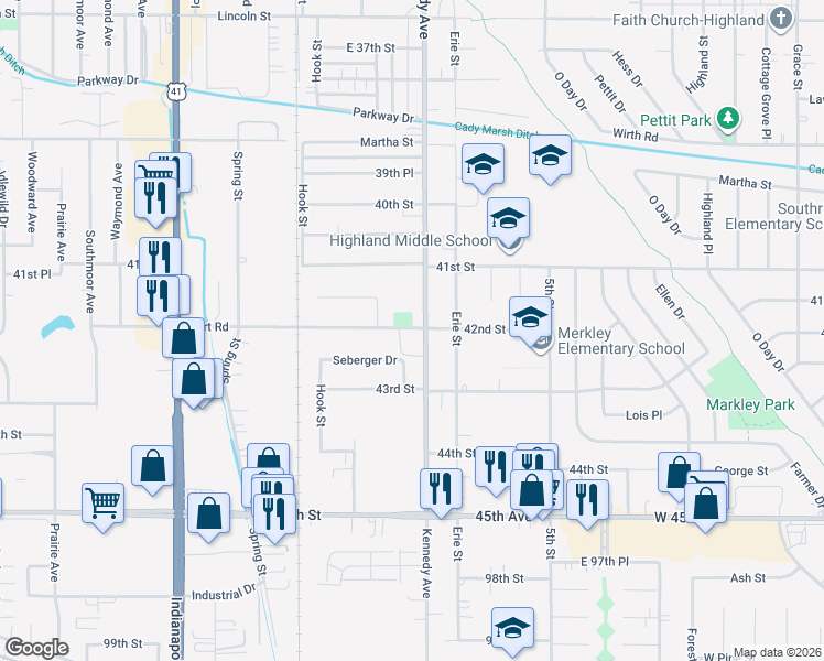 map of restaurants, bars, coffee shops, grocery stores, and more near 9414 Kennedy Avenue in Highland