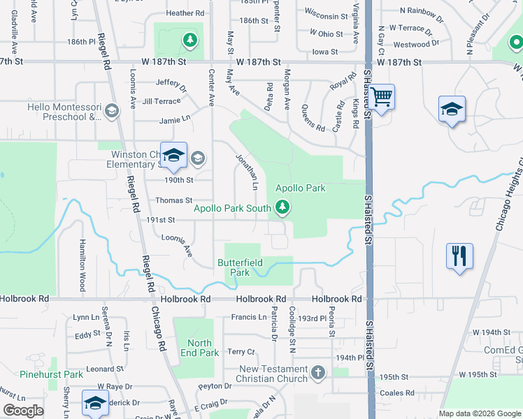 map of restaurants, bars, coffee shops, grocery stores, and more near 1023 191st Street in Homewood
