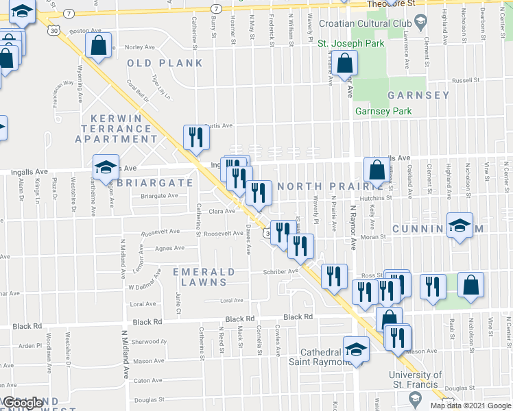 map of restaurants, bars, coffee shops, grocery stores, and more near 1060 North May Street in Joliet