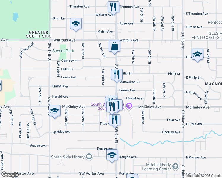 map of restaurants, bars, coffee shops, grocery stores, and more near 4610 Southwest 9th Street in Des Moines