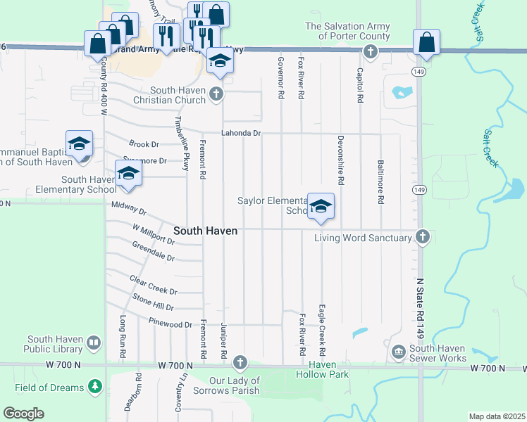 map of restaurants, bars, coffee shops, grocery stores, and more near 745 Heritage Road in Valparaiso