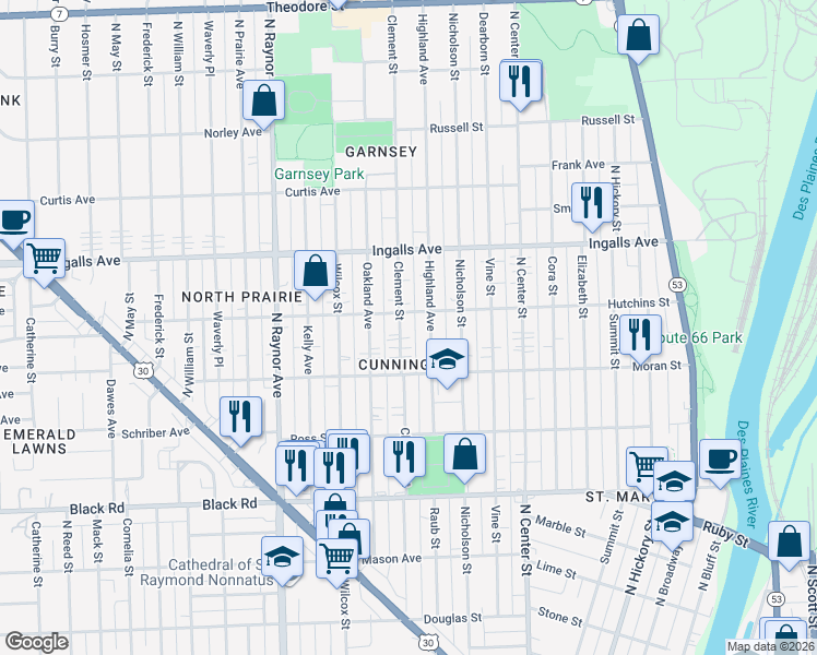 map of restaurants, bars, coffee shops, grocery stores, and more near 1012 Clement Street in Joliet