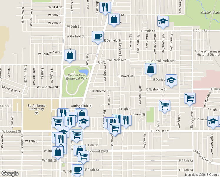 map of restaurants, bars, coffee shops, grocery stores, and more near 314 East Rusholme Street in Davenport