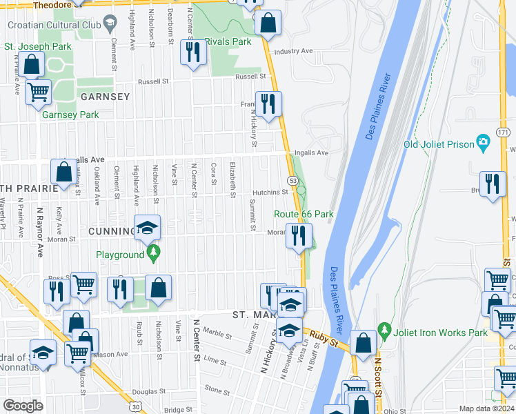 map of restaurants, bars, coffee shops, grocery stores, and more near 1022 Summit Street in Joliet