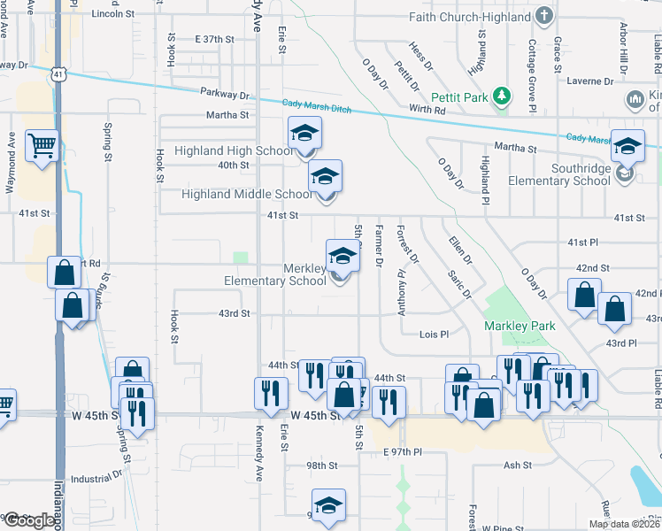 map of restaurants, bars, coffee shops, grocery stores, and more near 2964 42nd Street in Highland