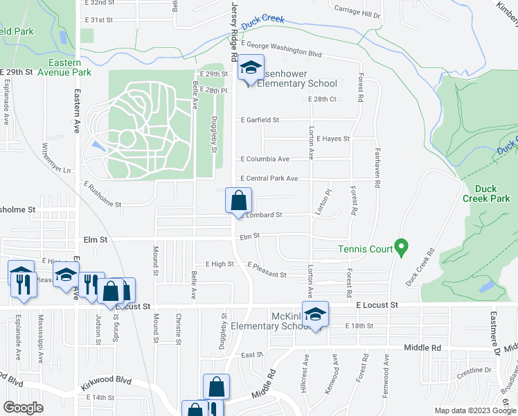 map of restaurants, bars, coffee shops, grocery stores, and more near 24 Parkwood Drive in Davenport