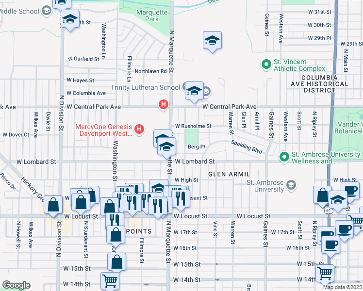 map of restaurants, bars, coffee shops, grocery stores, and more near 2302 Lillie Avenue in Davenport