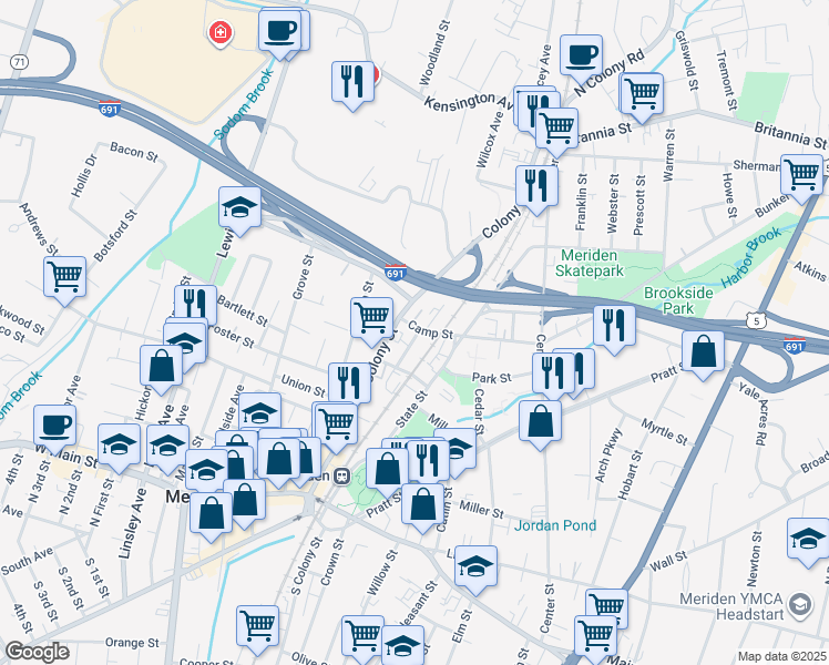 map of restaurants, bars, coffee shops, grocery stores, and more near 31 Camp Street in Meriden