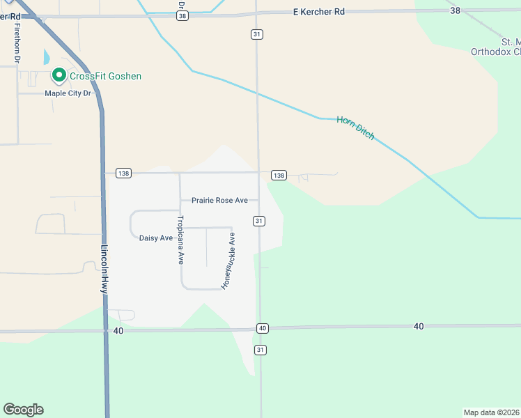 map of restaurants, bars, coffee shops, grocery stores, and more near 65630 County Road 31 in Goshen