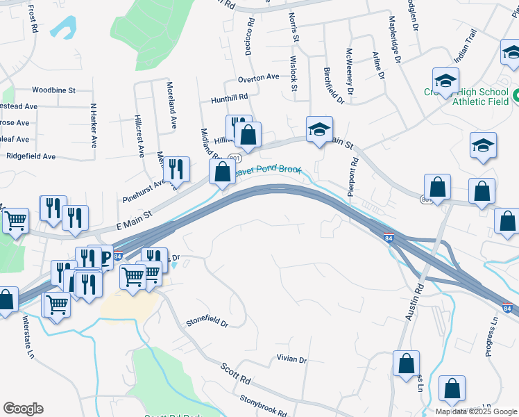 map of restaurants, bars, coffee shops, grocery stores, and more near 329 Schraffts Drive in Waterbury