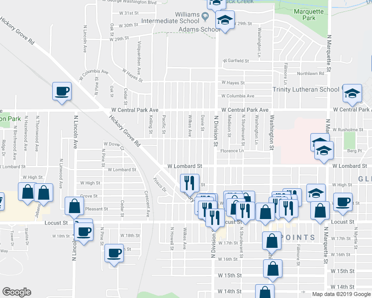 map of restaurants, bars, coffee shops, grocery stores, and more near 2308 Wilkes Avenue in Davenport