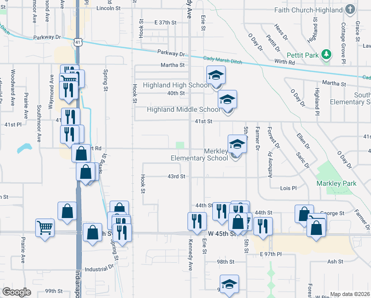 map of restaurants, bars, coffee shops, grocery stores, and more near 9414 Kennedy Avenue in Highland