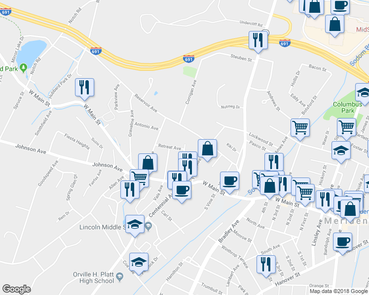map of restaurants, bars, coffee shops, grocery stores, and more near 82 Home Ave in Meriden