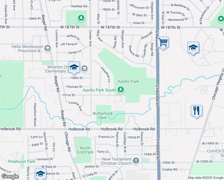 map of restaurants, bars, coffee shops, grocery stores, and more near 1023 191st Street in Homewood