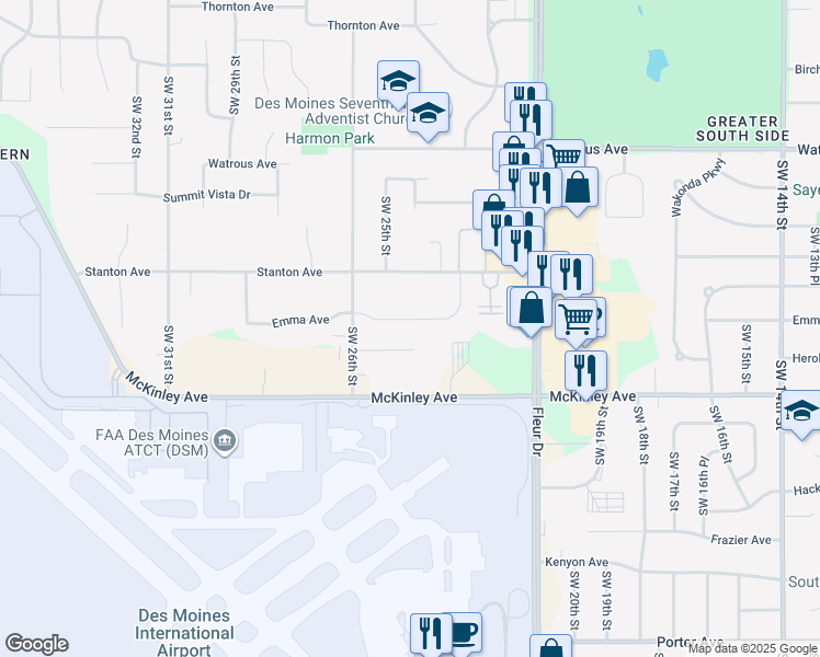map of restaurants, bars, coffee shops, grocery stores, and more near 2401 Herold Avenue in Des Moines
