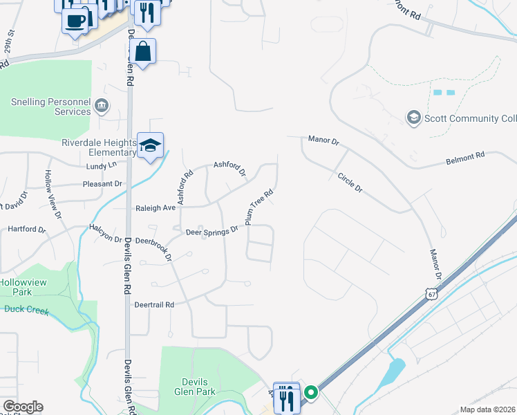 map of restaurants, bars, coffee shops, grocery stores, and more near 4106 Deer Springs Drive in Bettendorf