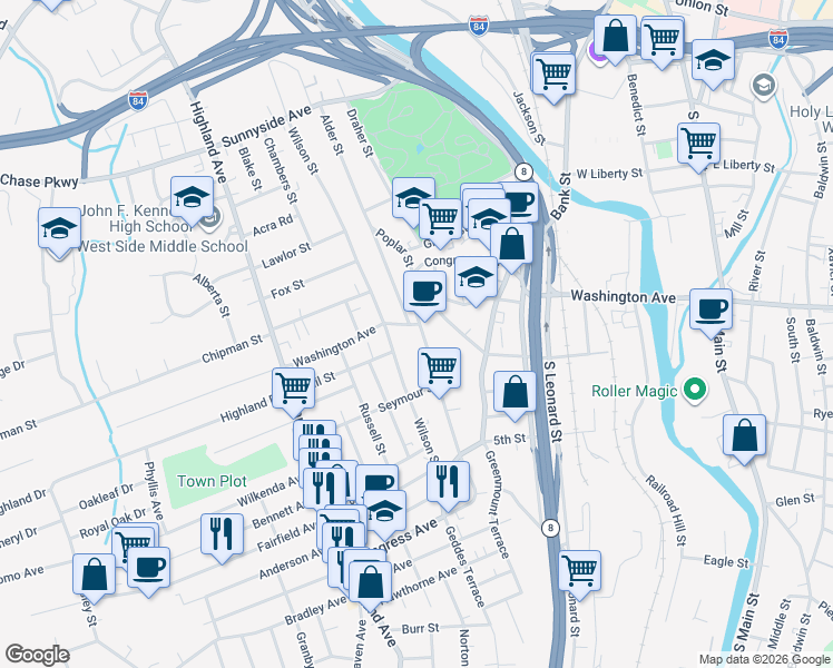 map of restaurants, bars, coffee shops, grocery stores, and more near 557 Wilson Street in Waterbury