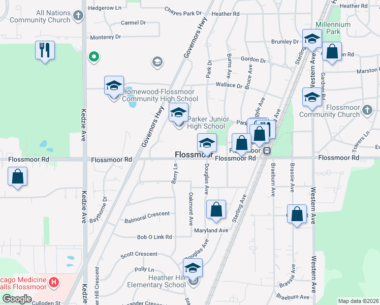 map of restaurants, bars, coffee shops, grocery stores, and more near in Flossmoor
