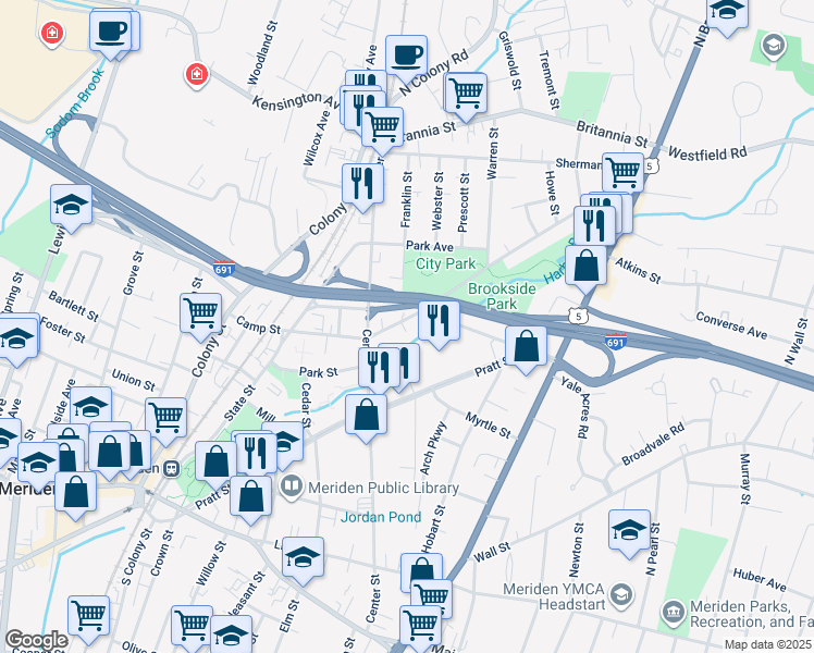 map of restaurants, bars, coffee shops, grocery stores, and more near 201 Camp Street in Meriden