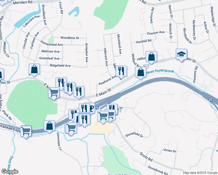 map of restaurants, bars, coffee shops, grocery stores, and more near 2738 State Highway 801 in Waterbury