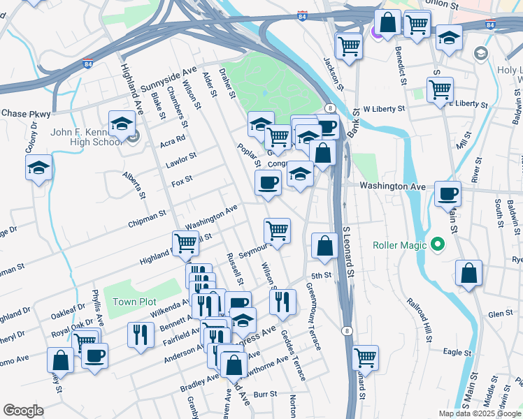 map of restaurants, bars, coffee shops, grocery stores, and more near 557 Wilson Street in Waterbury