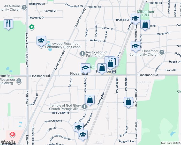 map of restaurants, bars, coffee shops, grocery stores, and more near in Flossmoor