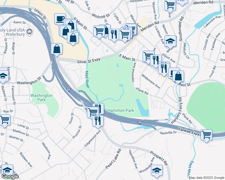 map of restaurants, bars, coffee shops, grocery stores, and more near 110 Hamilton Park Road in Waterbury