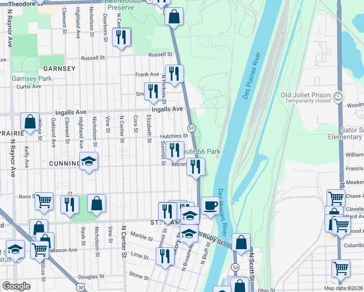 map of restaurants, bars, coffee shops, grocery stores, and more near 1018 North Hickory Street in Joliet