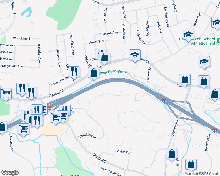map of restaurants, bars, coffee shops, grocery stores, and more near 353 Schraffts Drive in Waterbury