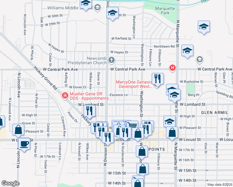 map of restaurants, bars, coffee shops, grocery stores, and more near 1626 Florence Lane in Davenport