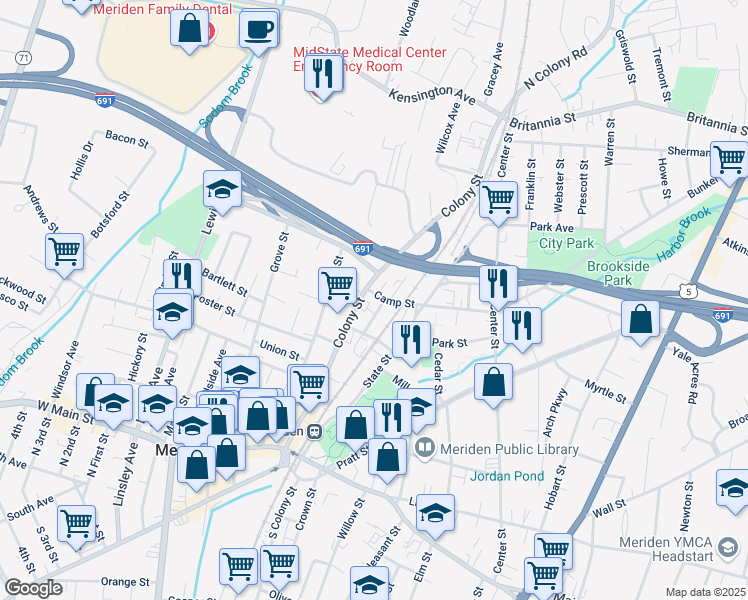 map of restaurants, bars, coffee shops, grocery stores, and more near 183 Colony Street in Meriden