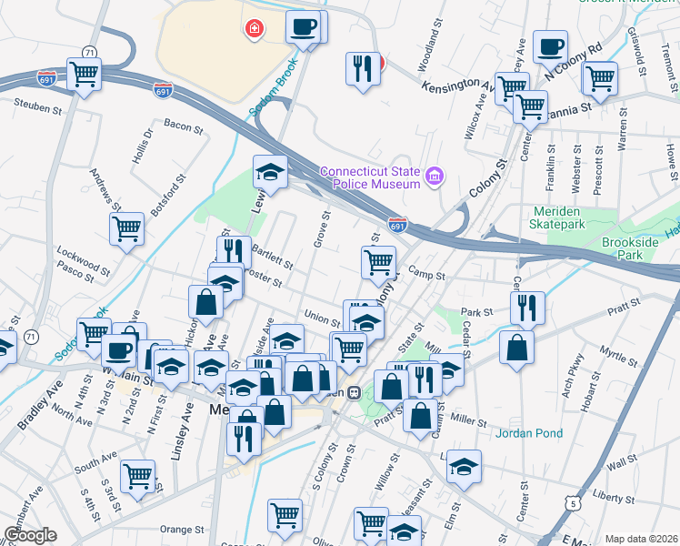 map of restaurants, bars, coffee shops, grocery stores, and more near 20 Lincoln Court in Meriden