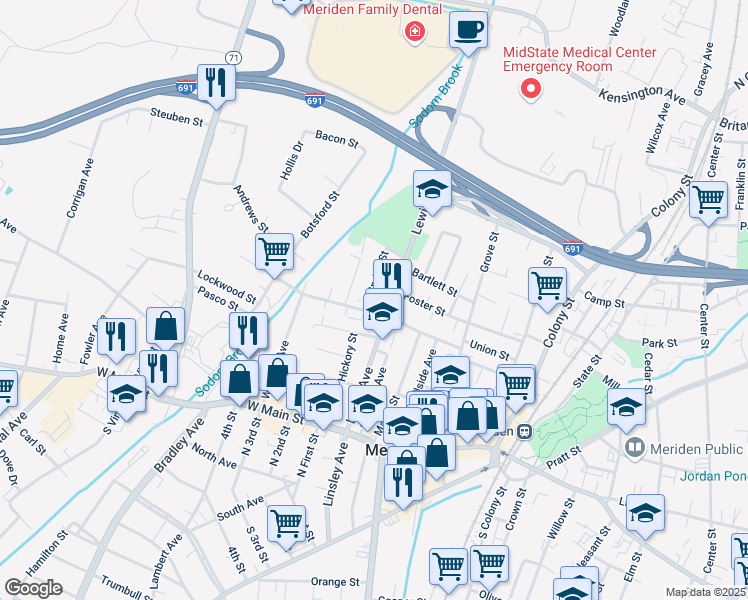 map of restaurants, bars, coffee shops, grocery stores, and more near 126 Springdale Avenue in Meriden
