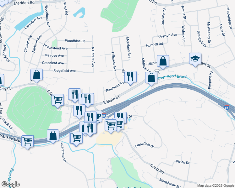 map of restaurants, bars, coffee shops, grocery stores, and more near 2738 State Highway 801 in Waterbury