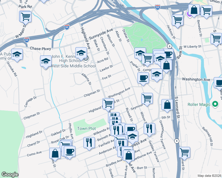 map of restaurants, bars, coffee shops, grocery stores, and more near 616 Washington Avenue in Waterbury