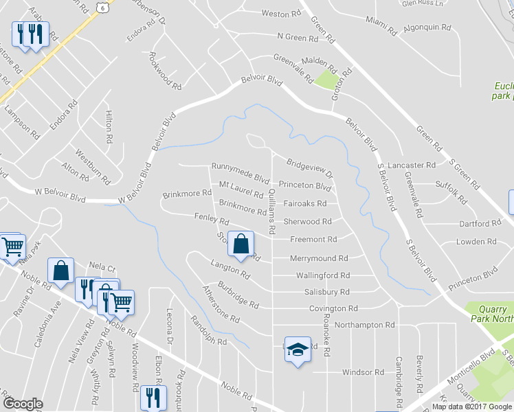 map of restaurants, bars, coffee shops, grocery stores, and more near 3704 Brinkmore Road in Cleveland Heights