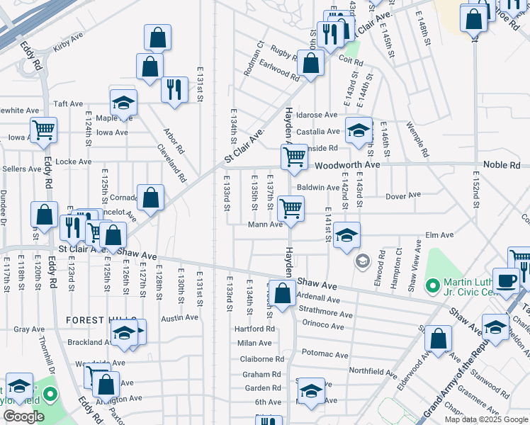 map of restaurants, bars, coffee shops, grocery stores, and more near 13521 Mann Avenue in East Cleveland