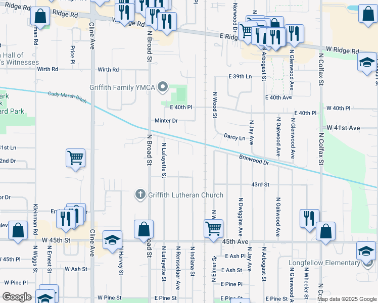 map of restaurants, bars, coffee shops, grocery stores, and more near 1143 North Broad Street in Griffith