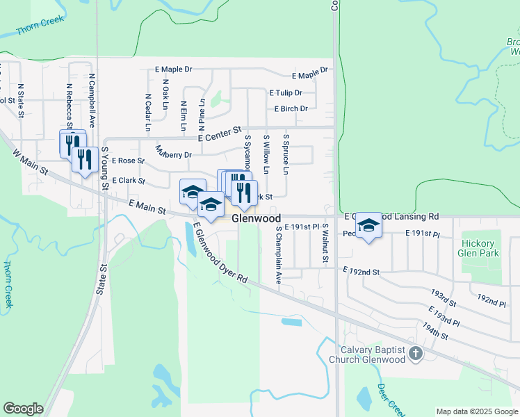 map of restaurants, bars, coffee shops, grocery stores, and more near 510 East Glenwood Lansing Road in Glenwood